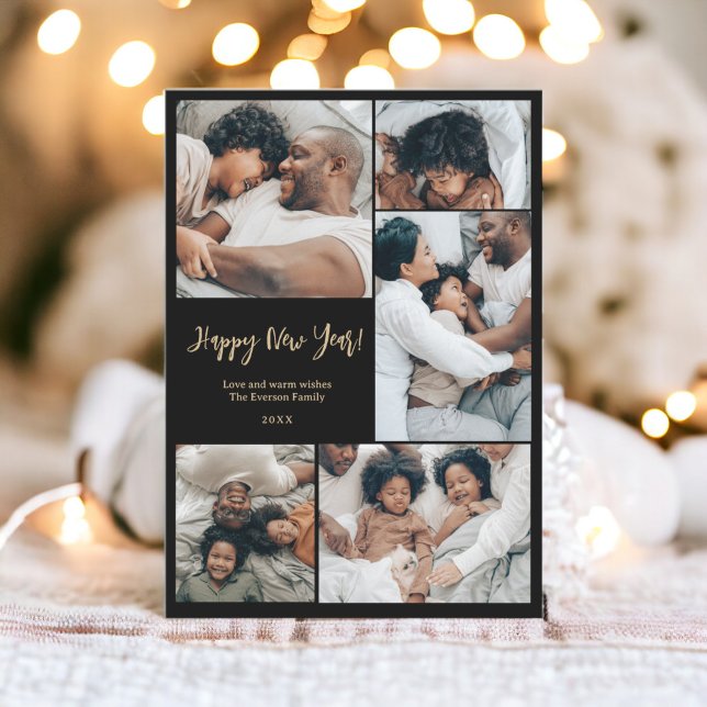 Modern minimalist family 6 photos Happy New Year Holiday Card (Modern minimalist family 6 photos Happy New Year Holiday Card black gold)