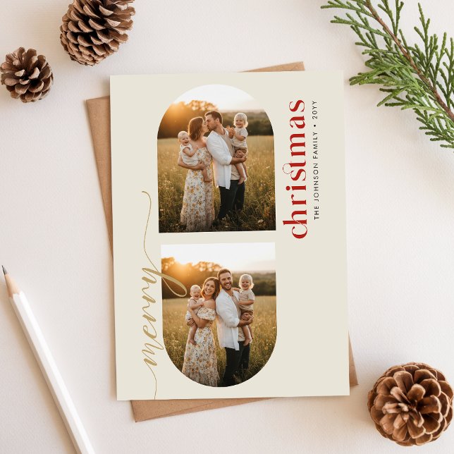 Modern Minimalist Family Christmas Arched 3 Photo Holiday Card (Creator Uploaded)