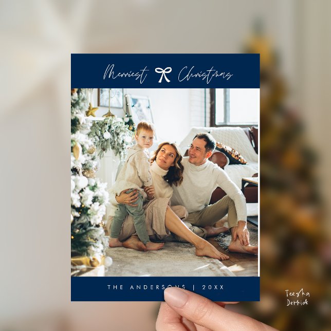 Modern Minimalist Family Photo Navy Blue Bow theme Postcard (Modern Minimalist Family Photo Navy Blue Bow theme Postcard)