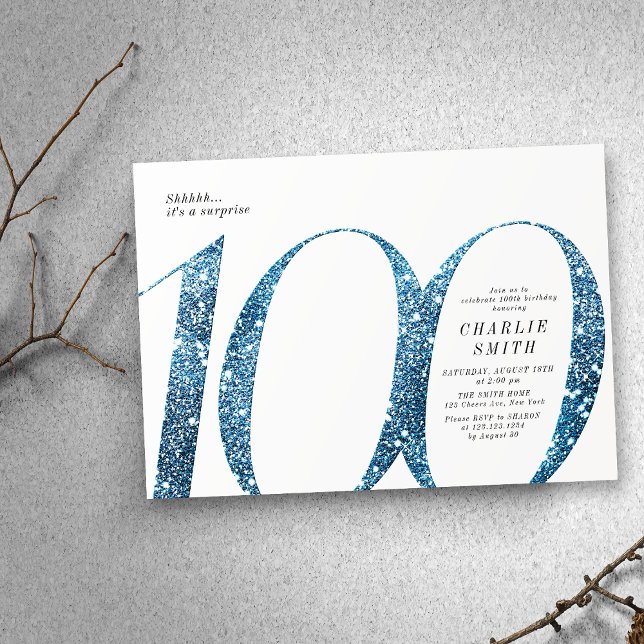 Modern minimalist faux blue glitter 100th birthday invitation (Modern minimalist faux blue glitter 100th birthday invitation)