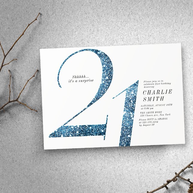 Modern minimalist faux blue glitter 21st birthday invitation (Modern minimalist faux blue glitter 21st birthday invitation)