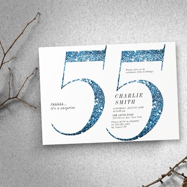 Modern minimalist faux blue glitter 55th birthday invitation (Modern minimalist faux blue glitter 55th birthday invitation)