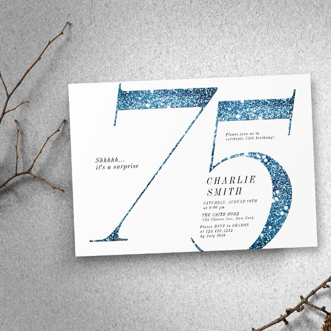 Modern minimalist faux blue glitter 75th birthday invitation (Modern minimalist faux blue glitter 75th birthday invitation)