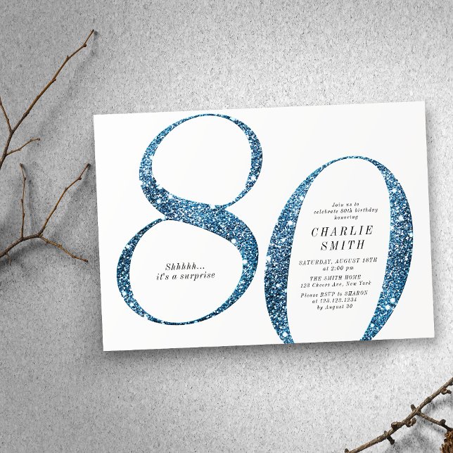 Modern minimalist faux blue glitter 80th birthday invitation (Modern minimalist faux blue glitter 80th birthday invitation)