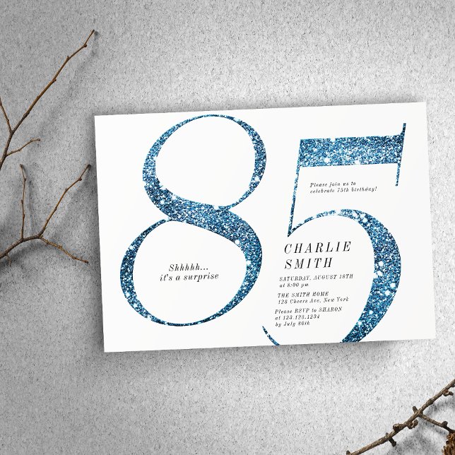 Modern minimalist faux blue glitter 85th birthday invitation (Modern minimalist faux blue glitter 85th birthday invitation)