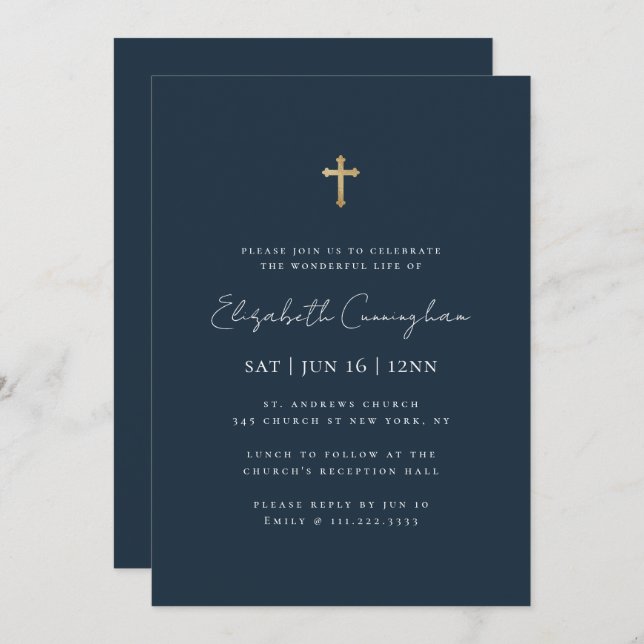 Modern Minimalist Faux Gold Cross Memorial Funeral Invitation (Front/Back)
