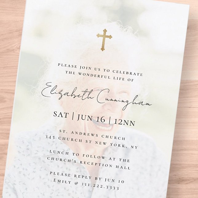 Modern Minimalist Faux Gold Cross Photo Memorial Invitation (Creator Uploaded)