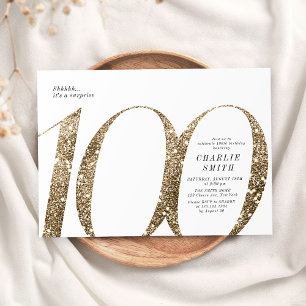 Modern minimalist faux gold glitter 100th birthday invitation