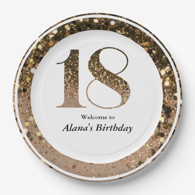 Modern minimalist faux gold glitter 18th birthday paper plate (Front)