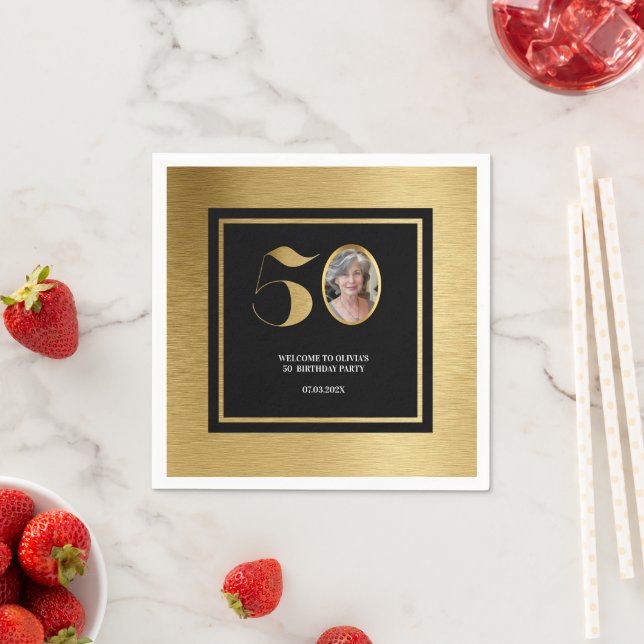 Modern minimalist faux gold glitter 50th birthday napkin (Insitu)