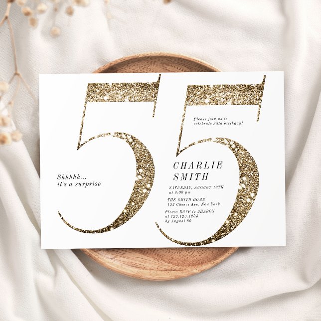 Modern minimalist faux gold glitter 55th birthday invitation (Modern minimalist faux gold glitter 55th birthday invitation)