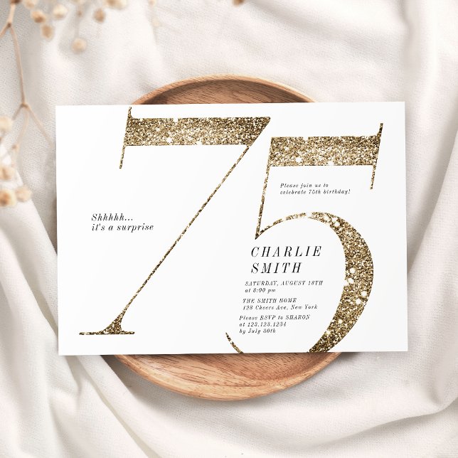 Modern minimalist faux gold glitter 75th birthday invitation (Modern minimalist faux gold glitter 75th birthday invitation)
