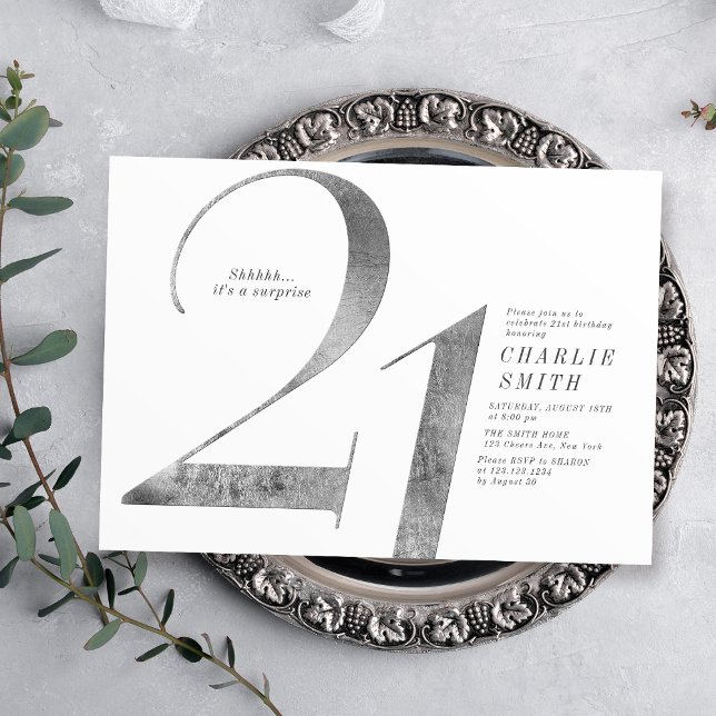 Modern minimalist faux silver 21st birthday invitation (Modern minimalist faux silver 21st birthday invitation)