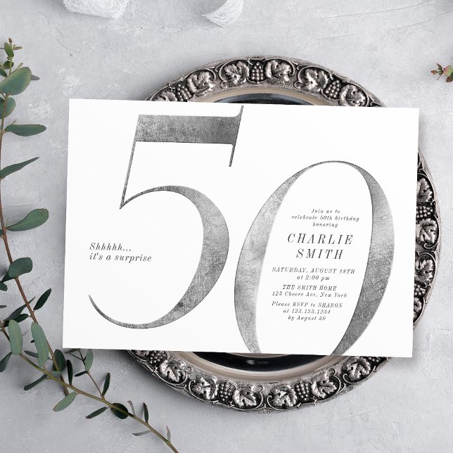 Modern minimalist faux silver 50th birthday invitation (Modern minimalist faux silver 50th birthday invitation)