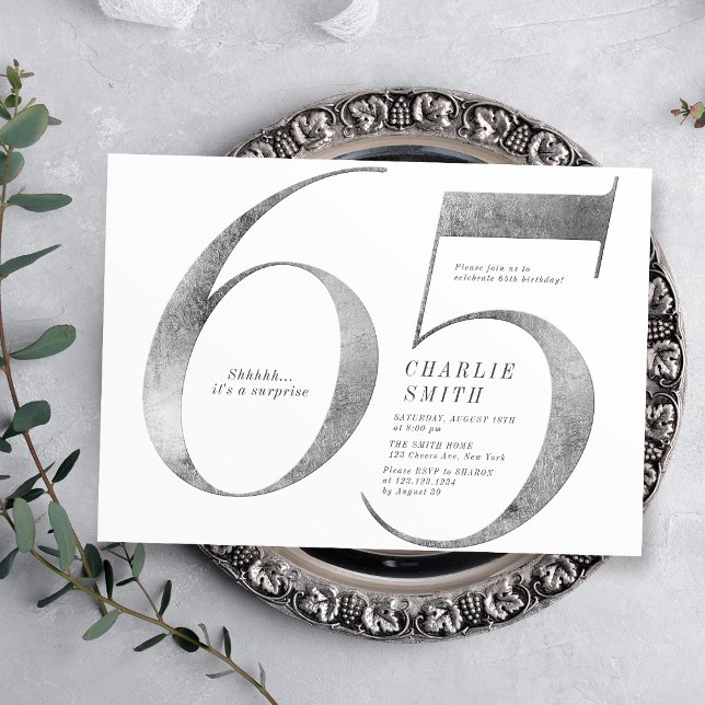 Modern minimalist faux silver 65th birthday invitation (Modern minimalist faux silver 65th birthday invitation)