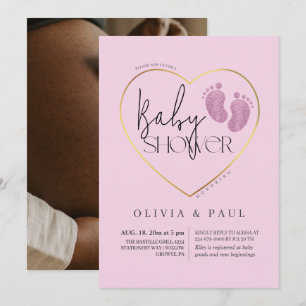 Modern & minimalist Feet Glitter Baby Girl Shower Invitation