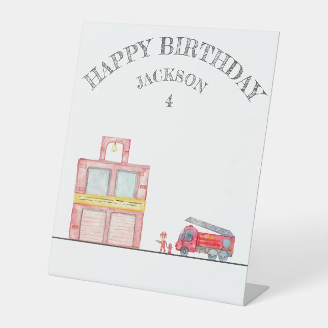 Modern Minimalist Fireman birthday Party Pedestal Sign (Front)