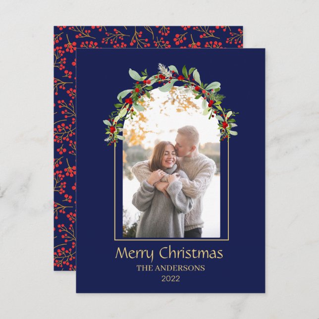 Modern Minimalist Floral Arch Photo Blue Holiday Card (Front/Back)