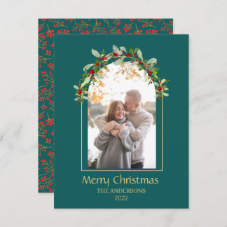 Modern Minimalist Floral Arch Photo Green Holiday Card
