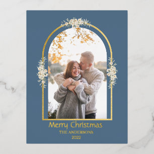Modern Minimalist Floral Arch Photo Grey Foil Holiday Postcard