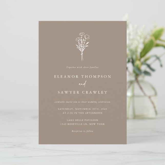 Modern Minimalist Floral Bouquet Taupe Wedding Invitation (Standing Front)
