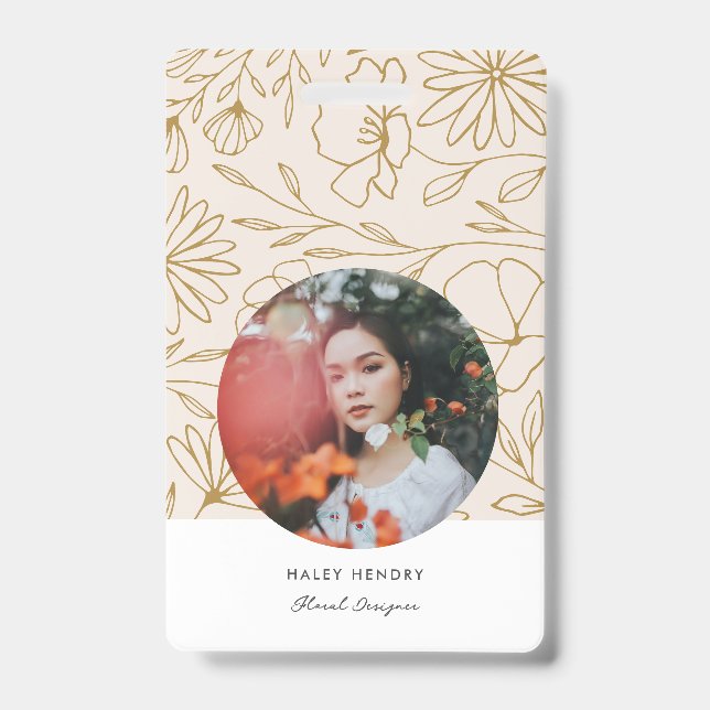Modern Minimalist Floral Gold Pattern ID Badge (Front)