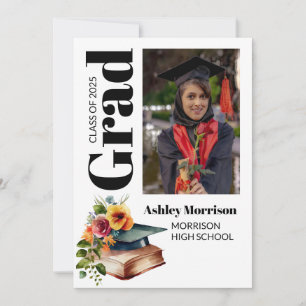 Modern minimalist floral graduation photo invitation