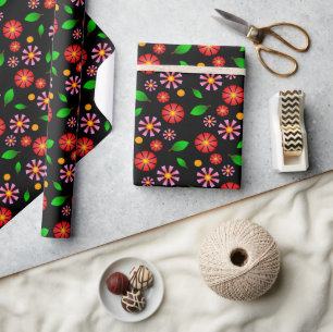 Modern Minimalist Floral Pattern black background Wrapping Paper
