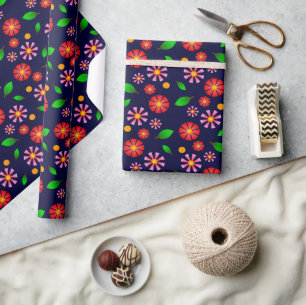 Modern Minimalist Floral Pattern dark blue Wrapping Paper