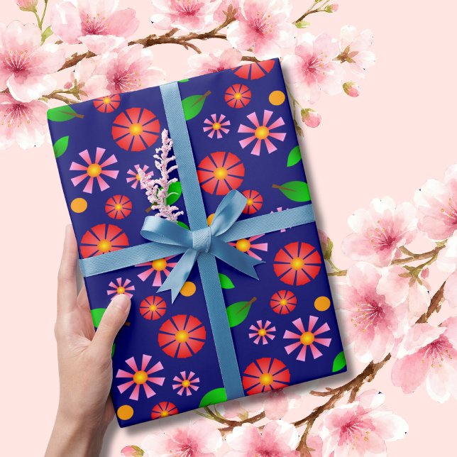 Modern Minimalist Floral Pattern medium dark blue Wrapping Paper (Creator Uploaded)