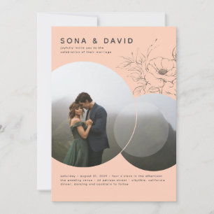 Modern Minimalist Floral Peach Colour Wedding Phot Invitation