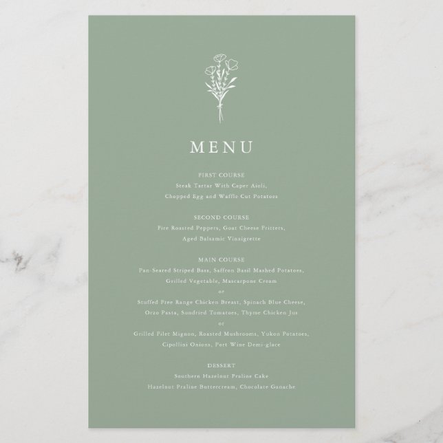 Modern Minimalist Floral Sage Green Menu Card (Front)