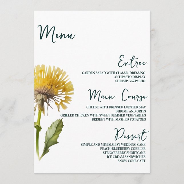 Modern Minimalist Floral Wedding Table Menu Cards (Front)