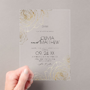 Modern Minimalist Flowers Gold Rose Wedding  Acrylic Invitations