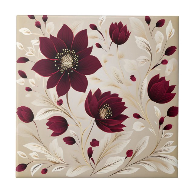 Modern Minimalist Flowers In Burgundy Tile (Front)