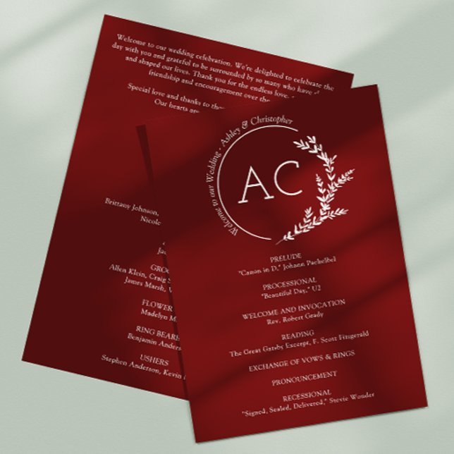 Modern Minimalist Foliage Crimson Red Wedding Programme (Creator Uploaded)