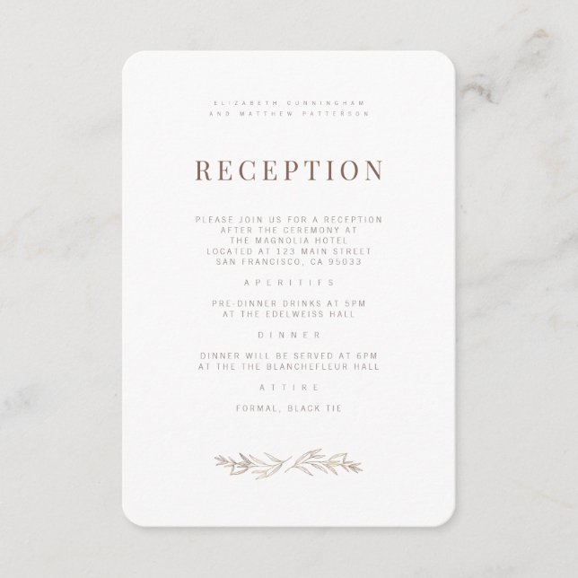 Modern + Minimalist Foliage Wedding Reception Enclosure Card (Front)
