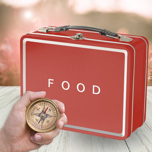 Modern Minimalist Food Personalised Name on Back Metal Lunch Box (A retro metal lunch box in red with 'Food' in simple capital letters)