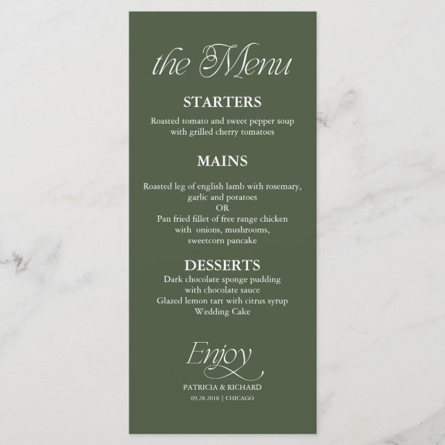 Modern Minimalist Forest Green Wedding Menu (Front)