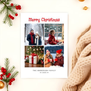 Modern Minimalist Four Photo Collage Christmas Holiday Card