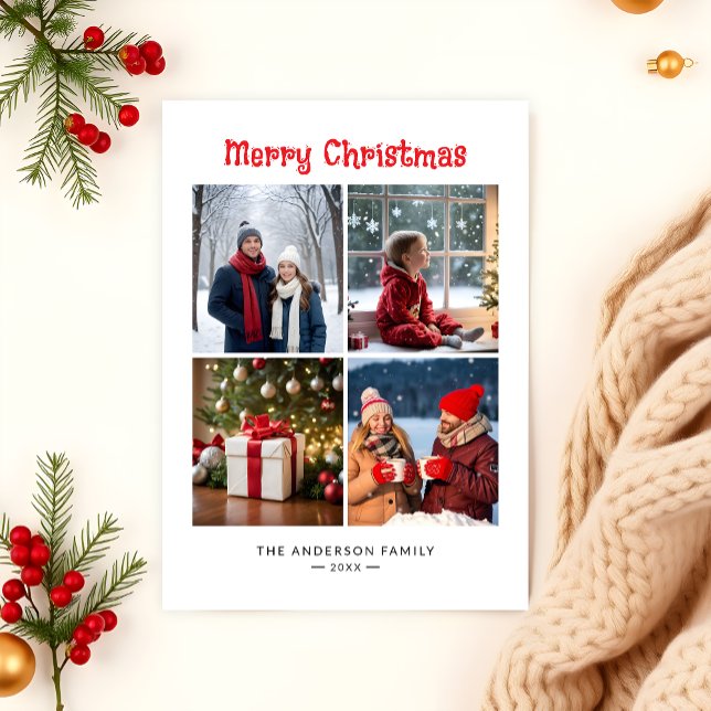 Modern Minimalist Four Photo Collage Christmas Holiday Card (Creator Uploaded)