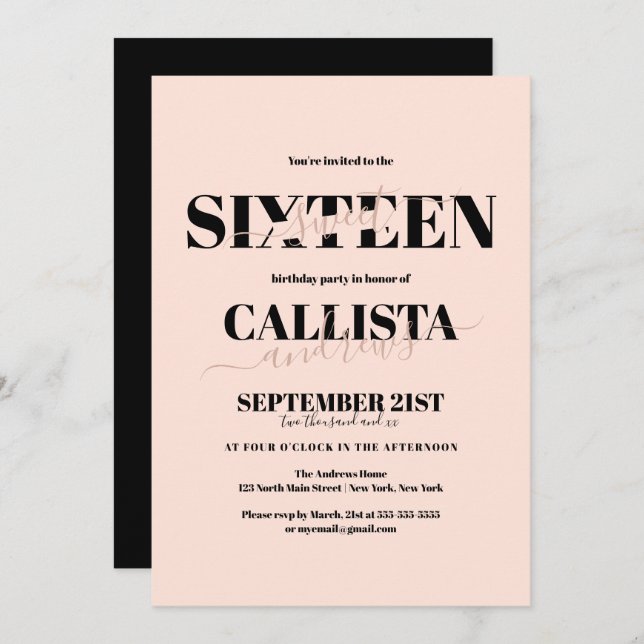 Modern Minimalist Girly Blush Pink Black Sweet 16 Invitation (Front/Back)
