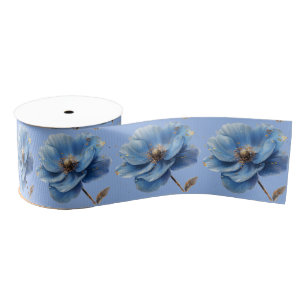 Modern Minimalist Gold and Blue Poppy  Grosgrain Ribbon