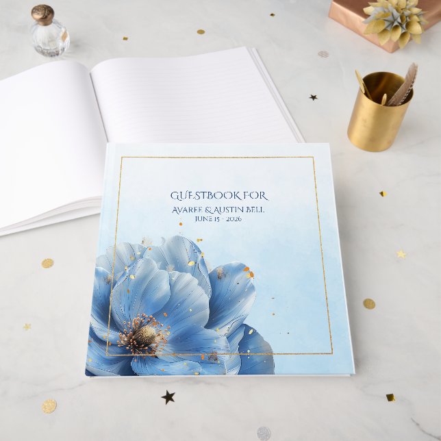 Modern Minimalist Gold and Blue Poppy Ornament Guest Book (Front Open)