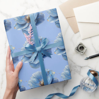 Modern Minimalist Gold and Blue Poppy  Wrapping Paper