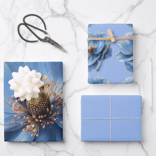 Modern Minimalist Gold and Blue Poppy  Wrapping Paper Sheet (Front)