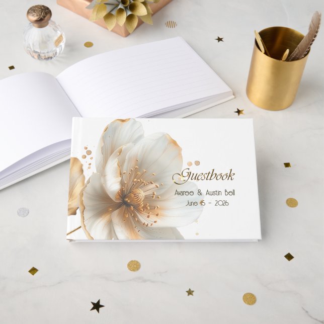 Modern Minimalist Gold and White Wedding Guest Book (Front Open)