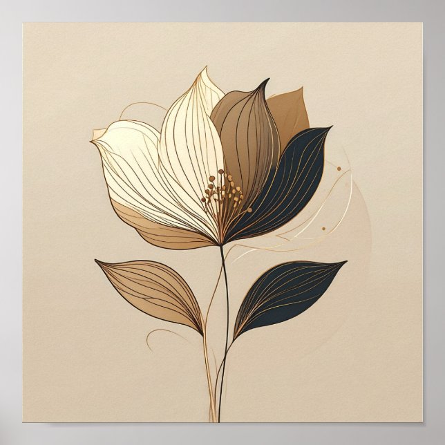 Modern Minimalist Gold & Black Botanical Floral Li Poster (Front)