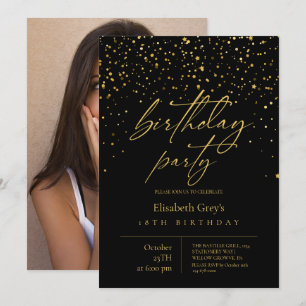Modern Minimalist ⎮Gold Black Photo Birthday Invitation