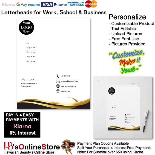 Modern Minimalist Gold Black White Signature Custom Letterhead (Modern Minimalist Gold Black White Signature Letterhead.)